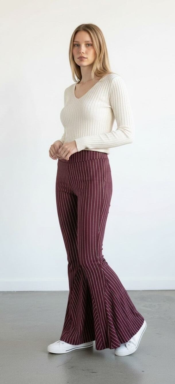 Free People Mari Ponte Flare Pants Side Zip Winterberry Maroon Stripe Size 6